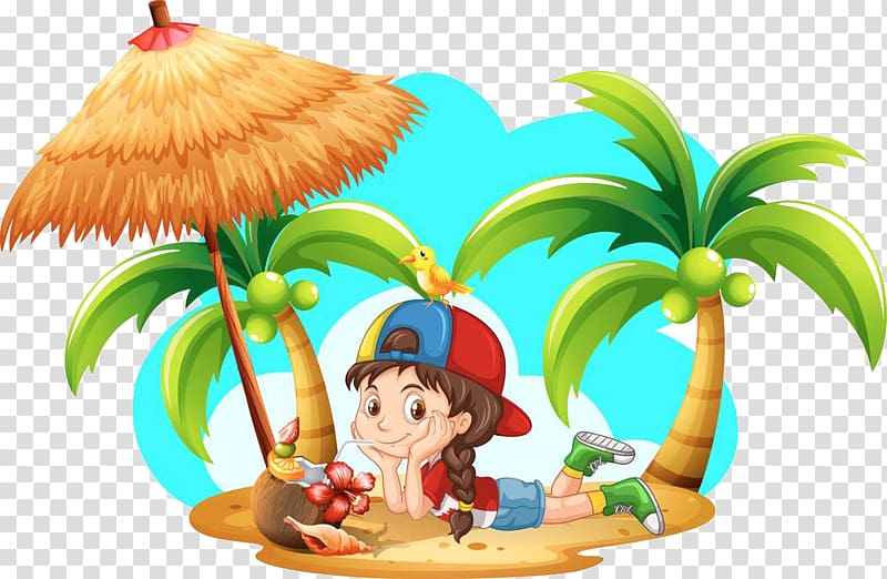 Cocktail Coconut water Drink, A girl who enjoys shade under the coconut tree transparent background PNG clipart