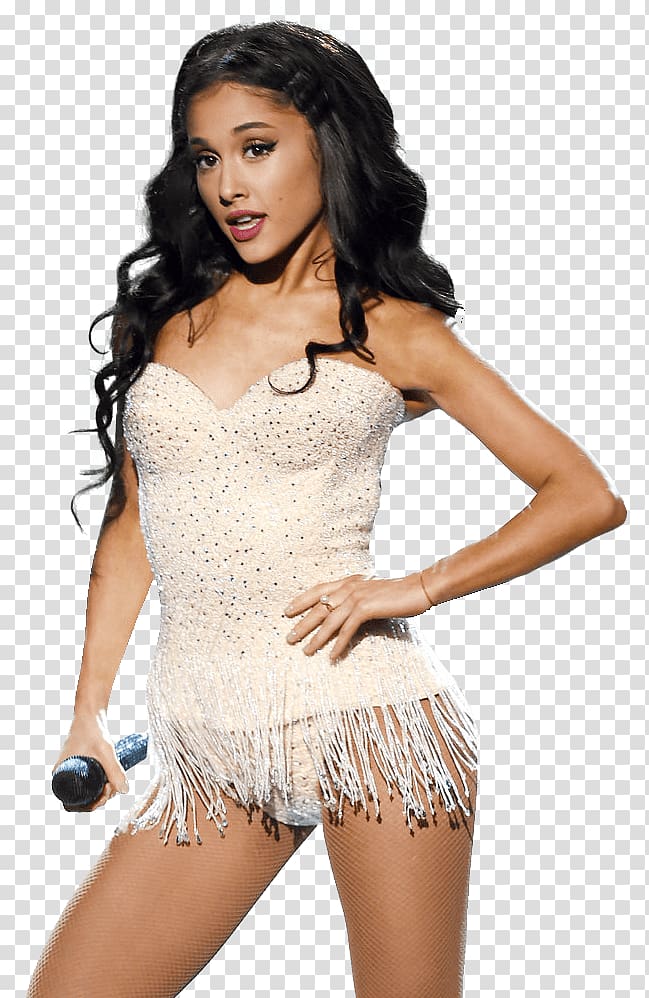 woman in beige strapless top, Ariana Grande Singing transparent background PNG clipart