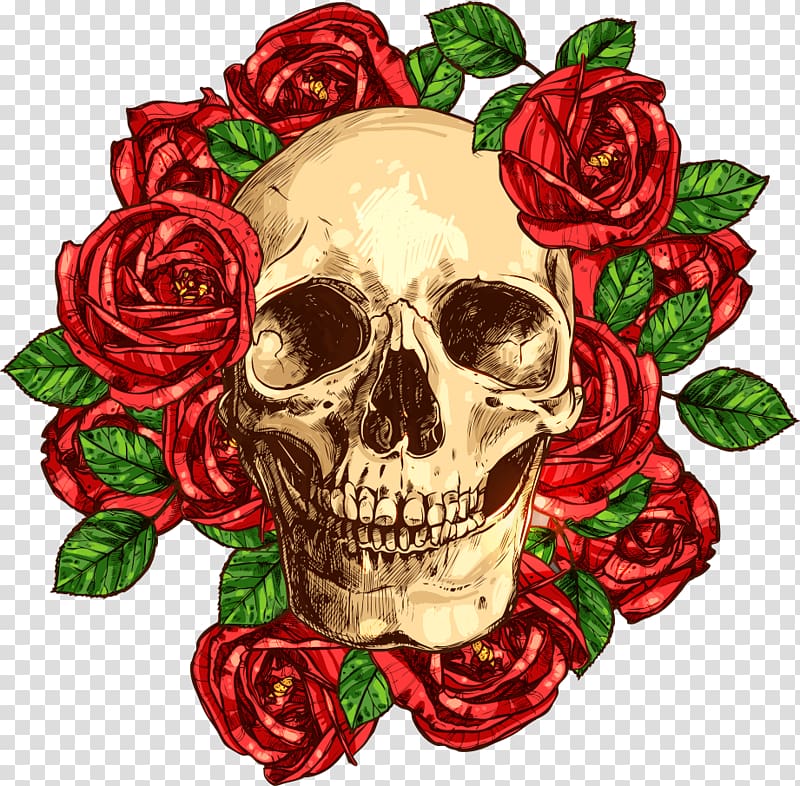 red rose flowers with skull illustration, Comics Cartoon Illustration, Flowers Skull transparent background PNG clipart