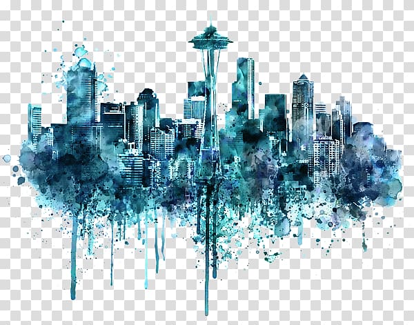 Seattle Watercolor painting Skyline Drawing, monochrome transparent background PNG clipart