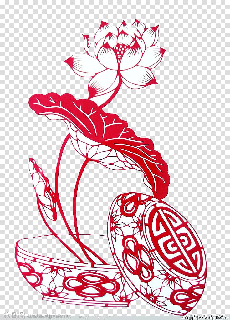 white and red flowers in vasep ainting, Papercutting Chinese paper cutting, Lotus transparent background PNG clipart