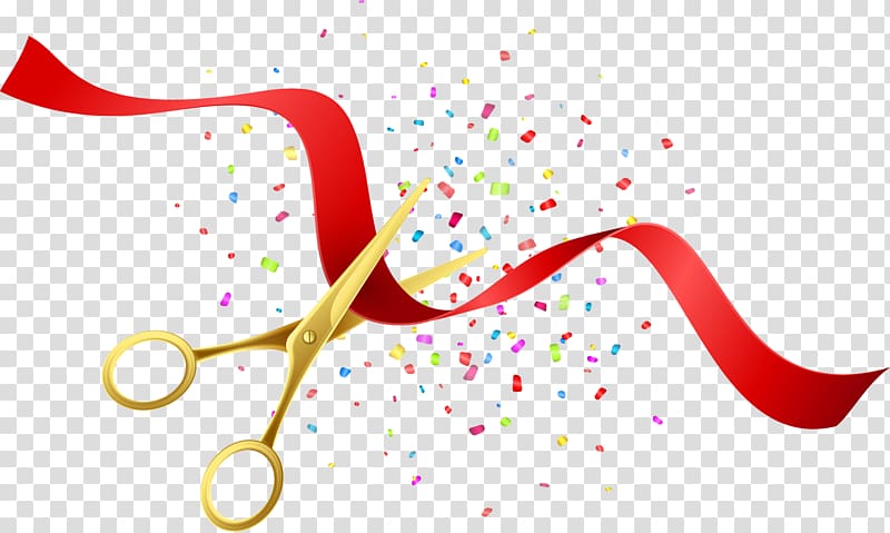 gold scissors cutting red ribbon , Opening ceremony Illustration, Beautifully opened scissors poster transparent background PNG clipart