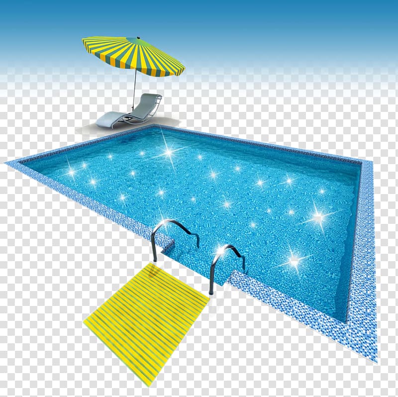 sunlounger chair under umbrella beside swimming pool art, Euclidean Swimming pool Illustration, Beautiful swimming pool transparent background PNG clipart