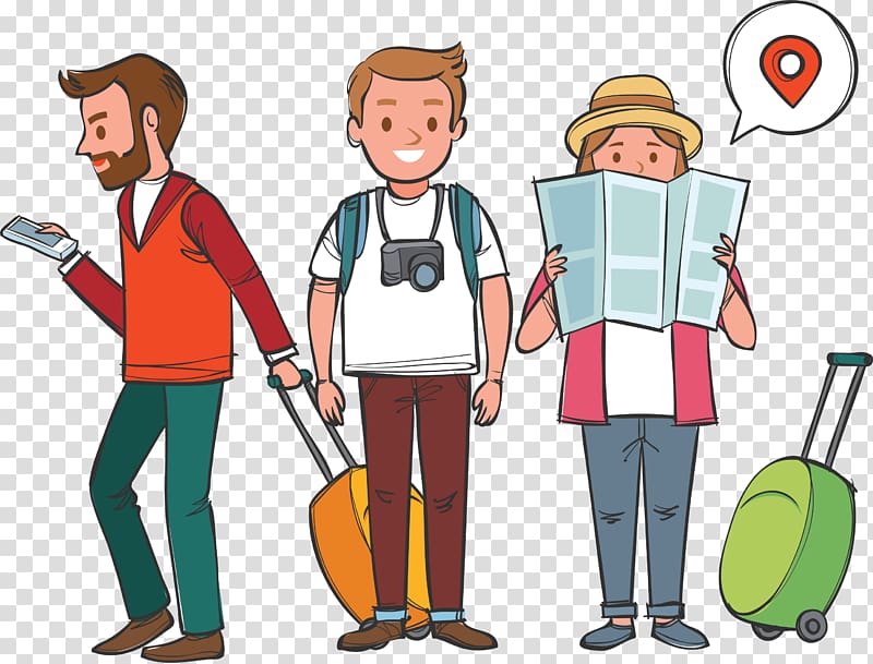 three tourist illustration, Drawing Travel Cartoon , Cartoon friends, travel, vacation transparent background PNG clipart