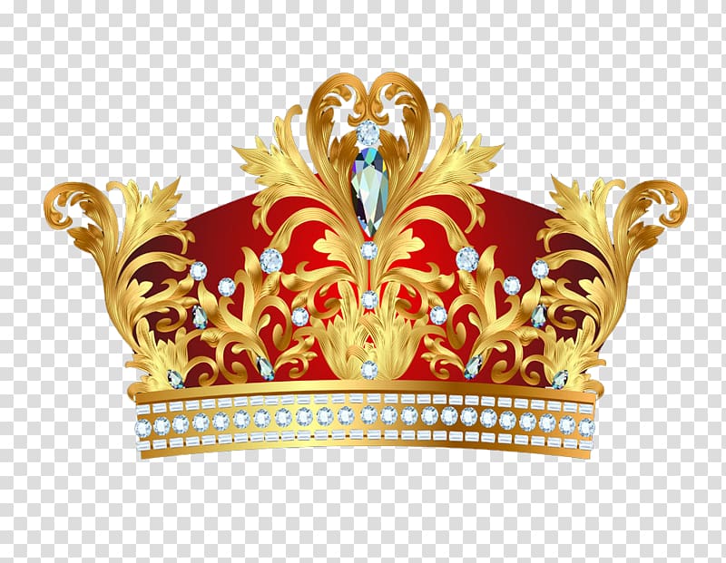 red and gold crown with clear gemstone encrusted, Gold Diamond Crown transparent background PNG clipart