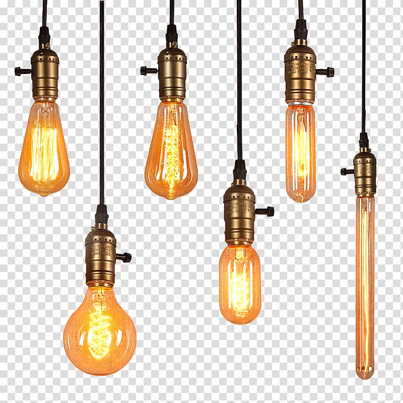 six pendant lamps illustration, Lighting Edison light bulb transparent background PNG clipart