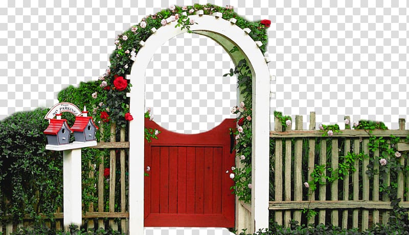 white wooden arch with white petal flowers, House Garden Villa Feng shui Roof tiles, Continental door transparent background PNG clipart