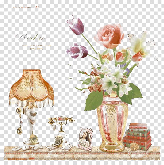 Floral design Gift Vase, Exquisite table lamp and flowers transparent background PNG clipart