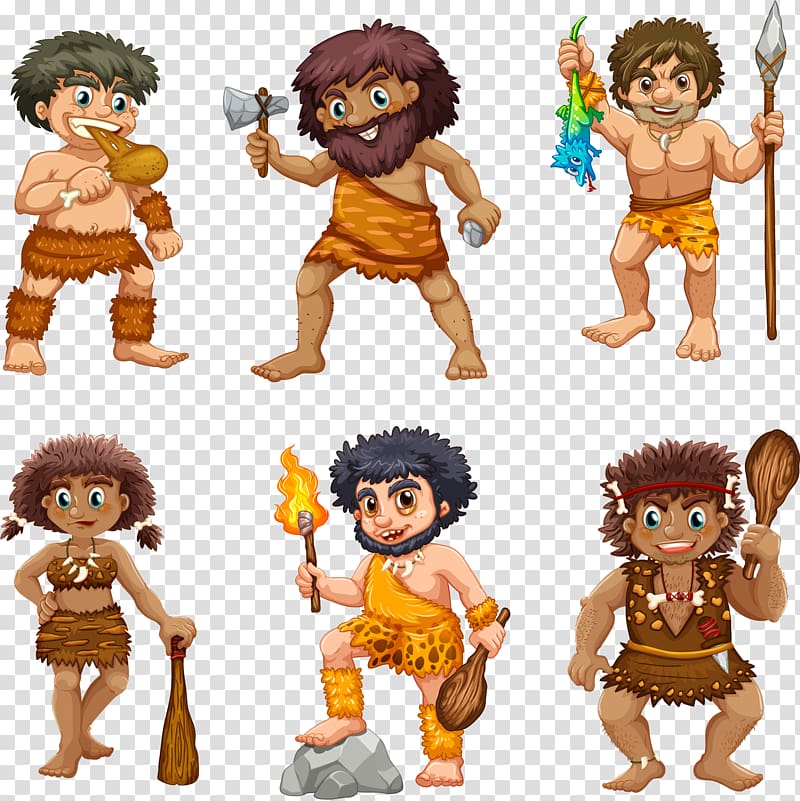 six Java man , Bamm-Bamm Rubble Stone Age Prehistory Illustration, hand painted primitive people transparent background PNG clipart