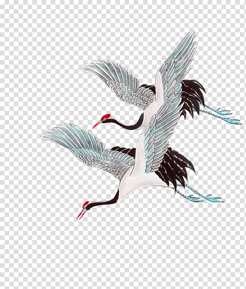 two red-crowned cranes illustration, Red-crowned crane Ink wash painting, Chinese style crane transparent background PNG clipart