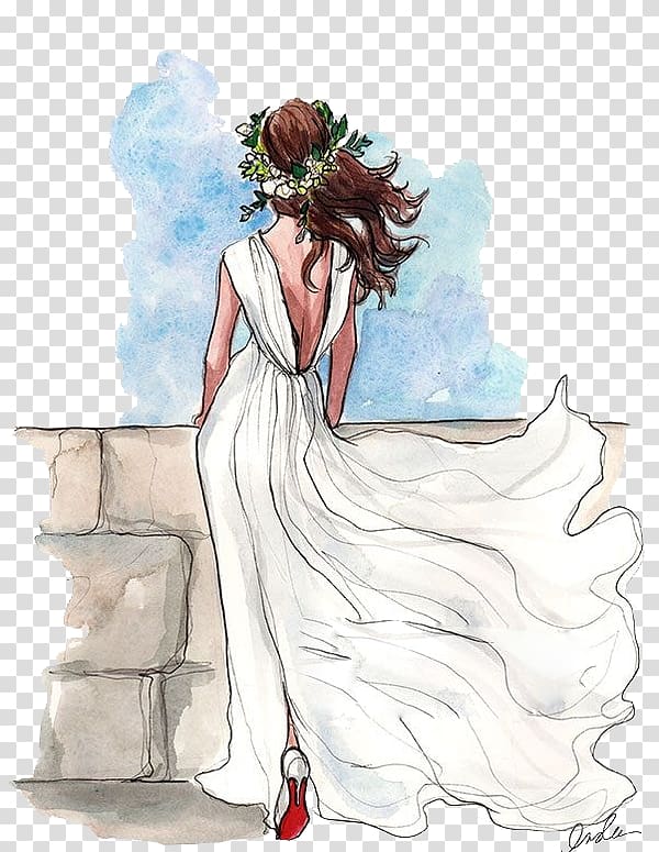 woman in white sleeveless dress illustration, Drawing Wedding dress Bride Sketch, bride transparent background PNG clipart