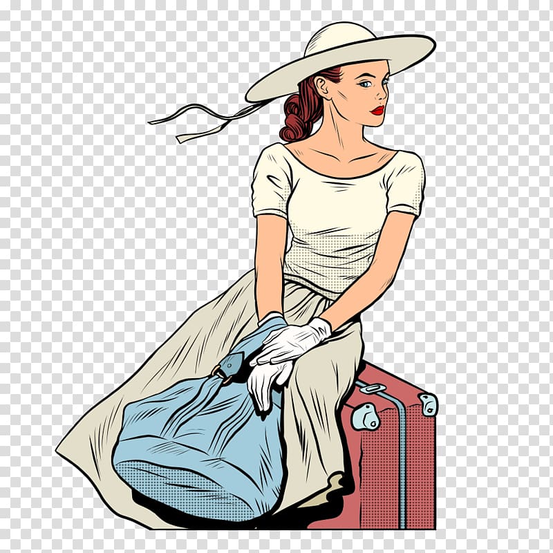 Airplane Travel Airport , Girl sitting on a suitcase transparent background PNG clipart