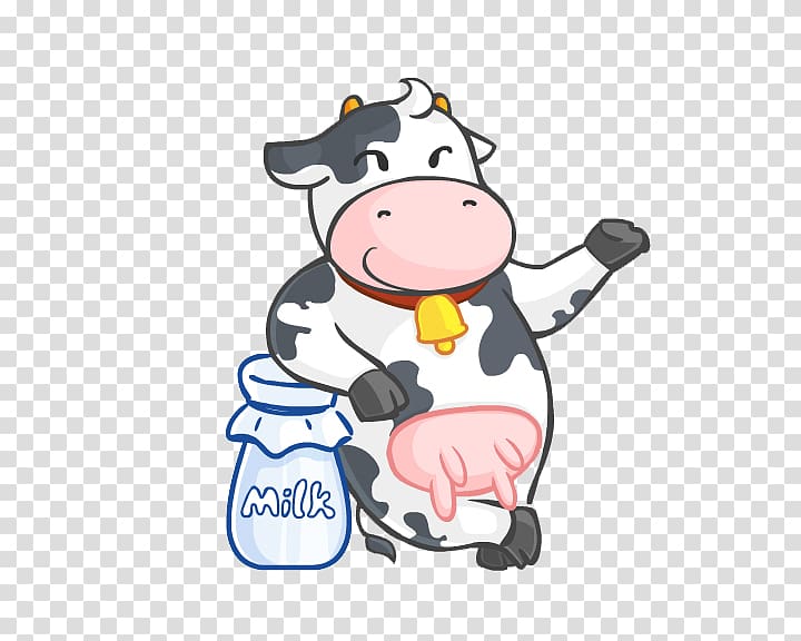 white and black cow leaning on bottle \, Milkshake Cattle Soured milk Cow\'s milk, Dairy cow transparent background PNG clipart