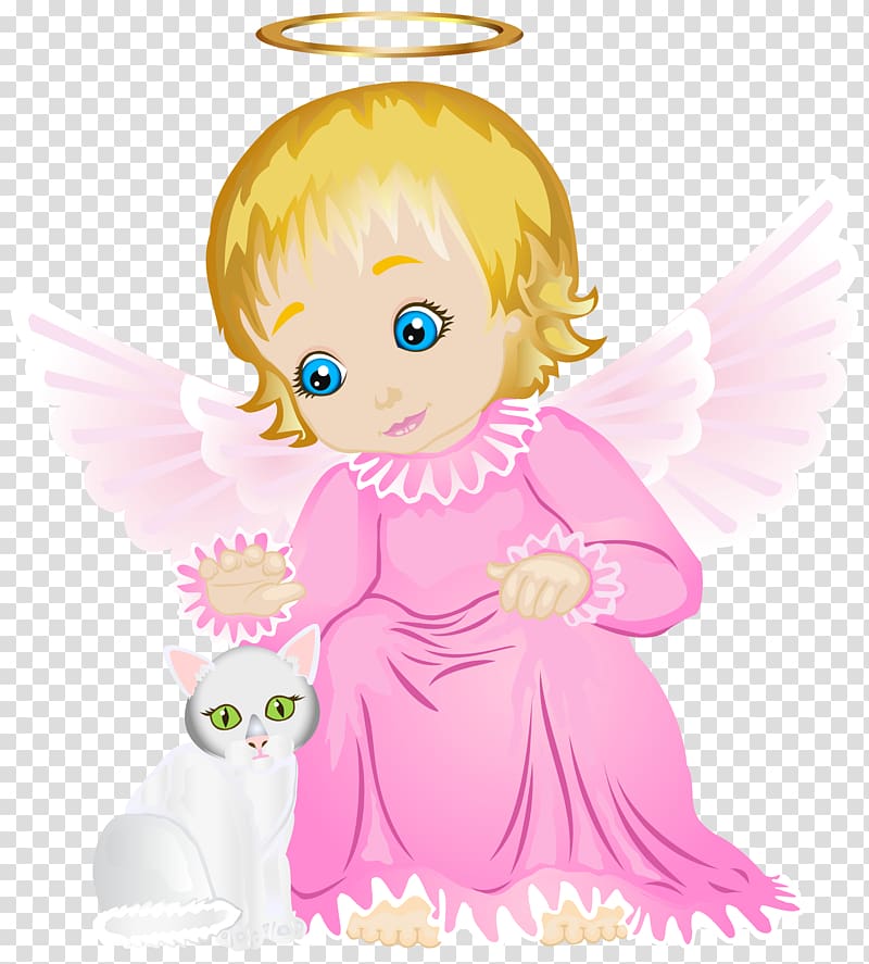 angel in pink dress besides gray cat illustration, Los Angeles Pink , Cute Angel with White Kitten transparent background PNG clipart