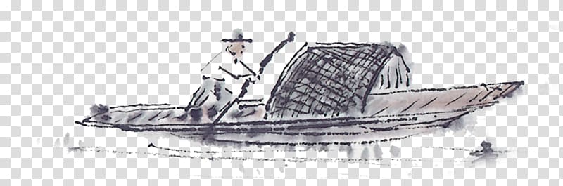 Watercraft Fishing vessel Rowing, Chinese wind hand painted fisherman rowing ink painting transparent background PNG clipart