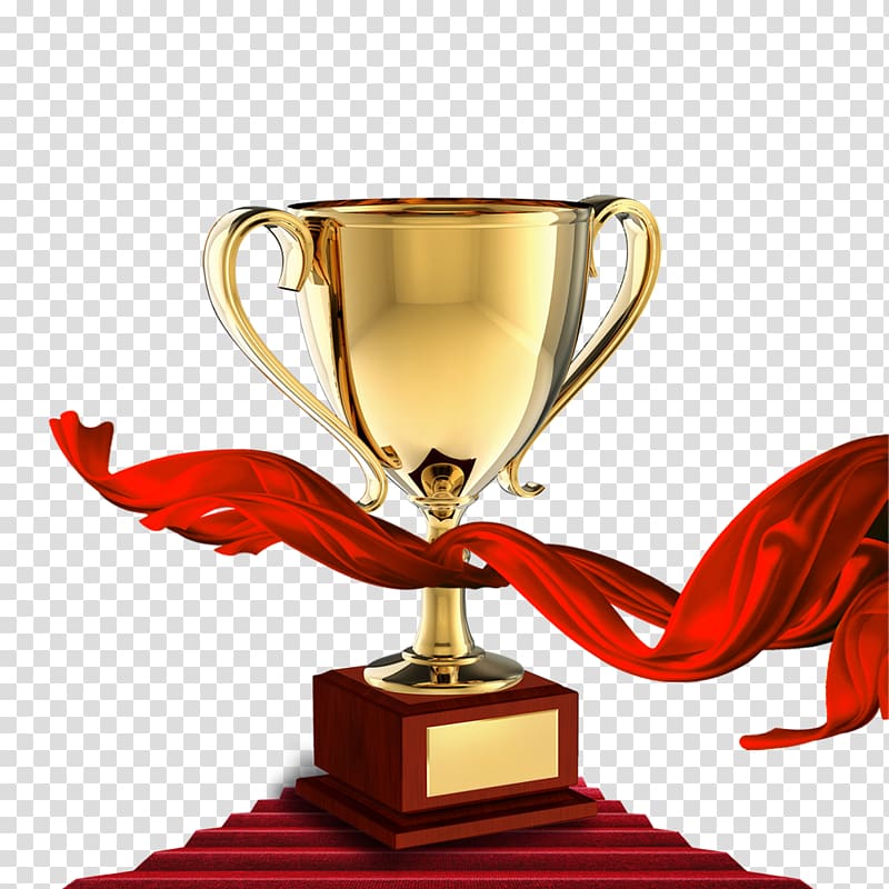 gold trophy illustration, Award Ceremony Trophy Medal, Trophy and red silk decoration transparent background PNG clipart