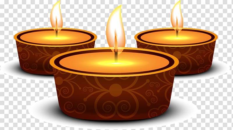 three lighted wax candles , Diwali Diya , Diwali greetings and gold ring transparent background PNG clipart