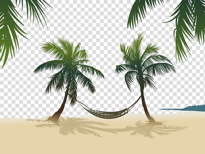 gray hammock tied on coconut palm tree , Arecaceae , hammock hanging on the coconut tree transparent background PNG clipart