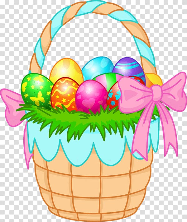Easter eggs in basket illustration, Easter Basket Eggs Pink Ribbon transparent background PNG clipart