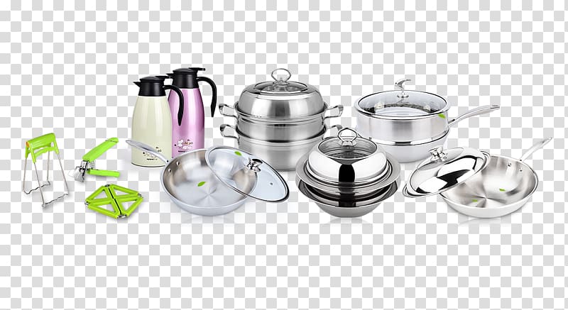 stainless steel cookware set, Kitchen utensil Cookware and bakeware Kitchenware Stainless steel, Kitchen utensils transparent background PNG clipart