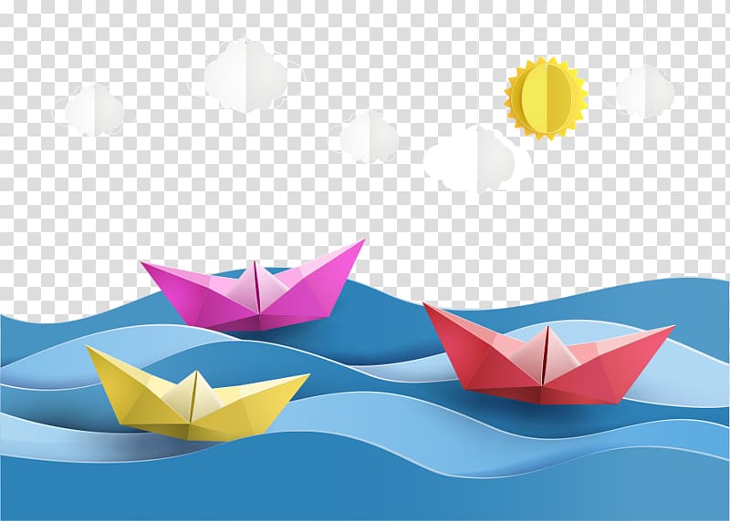 yellow, pink, and red paper boats illustration, Paper craft Sailboat Origami, paper boat and clouds transparent background PNG clipart
