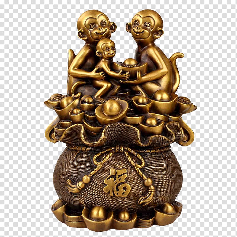 Monkey Statue Brass Copper, Monkey Fukubukuro copper ornaments transparent background PNG clipart