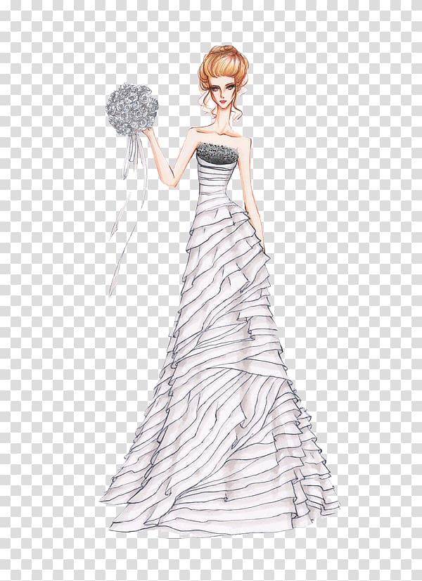 Dress Drawing Illustration, Beautiful wedding dress design illustration transparent background PNG clipart
