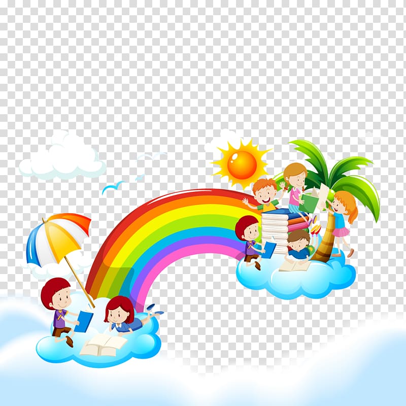 children with rainbow illustration, Reading Book Child Illustration, Rainbow Sky transparent background PNG clipart