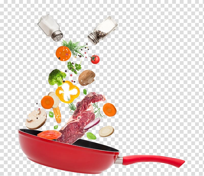 raw mean in red steel pan, Freezing Vegetable Motion, Cooking transparent background PNG clipart