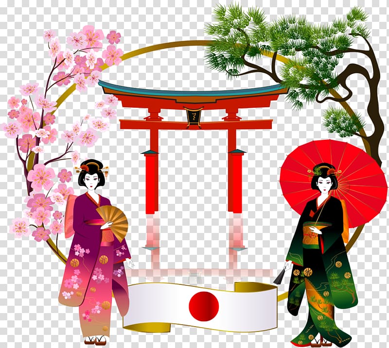 two Geisha standing in front of tori gate graphics, Japan Cartoon Illustration, Japanese woman transparent background PNG clipart