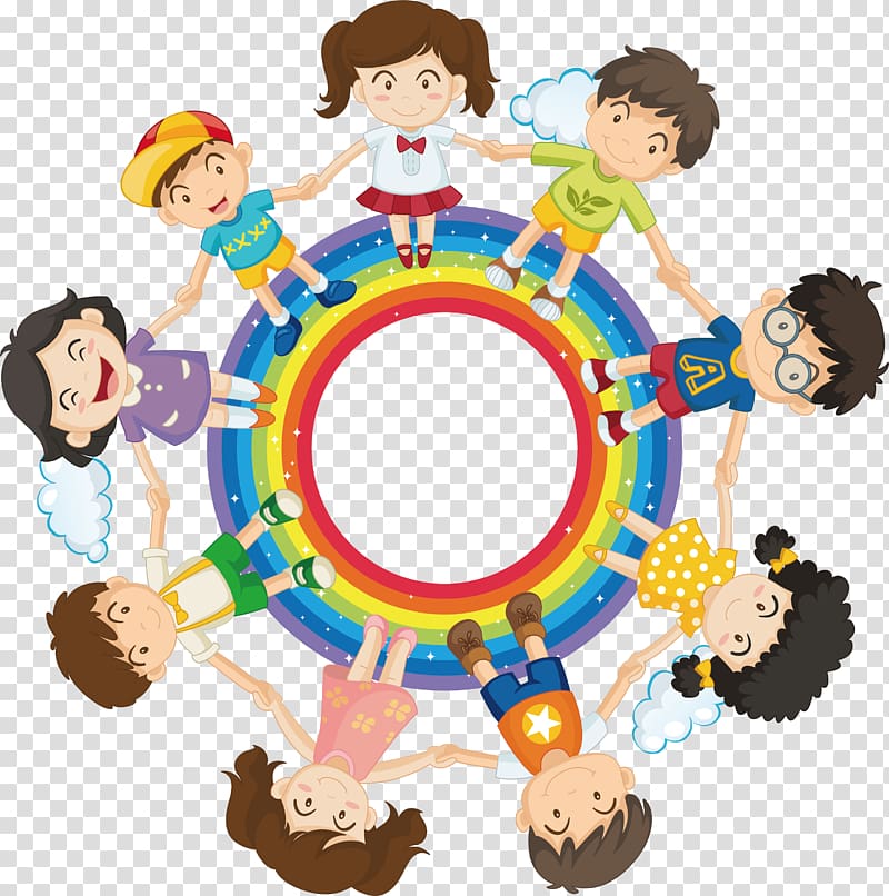 circle of friends animated illustration, Child , Rainbow child with hand in hand transparent background PNG clipart