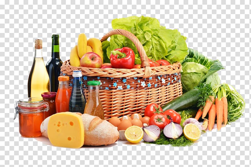 assorted vegetables and spice bottles, Grocery store Health food Supermarket Vegetarian cuisine, Shopping basket of fruits and vegetables transparent background PNG clipart