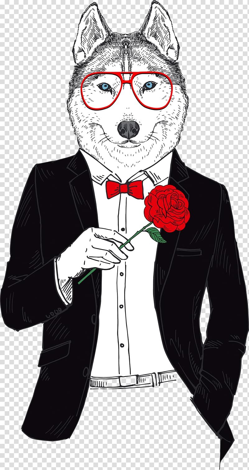 wolf wearing suit holding red rose flower , T-shirt Gray wolf Tuxedo Sleeveless shirt Animal, Mr. Wolf transparent background PNG clipart