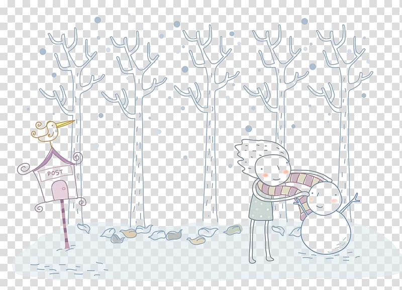 Snowman Illustration, The boy gave snowman scarves transparent background PNG clipart