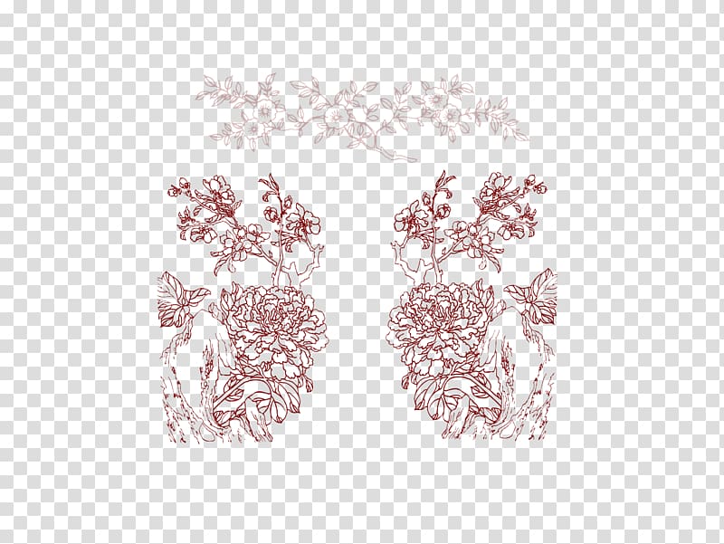 Moutan peony, red linear Chinese peony decoration transparent background PNG clipart