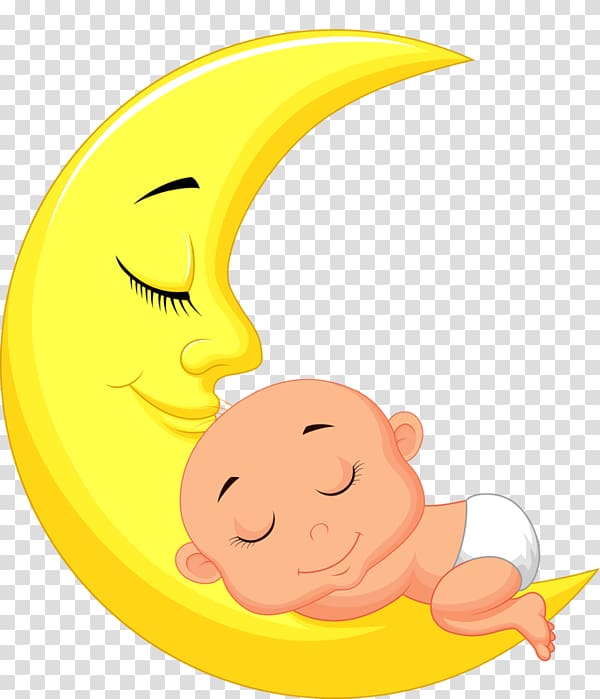 baby sleeping on crescent moon , Infant Child, Cartoon moon with baby material transparent background PNG clipart