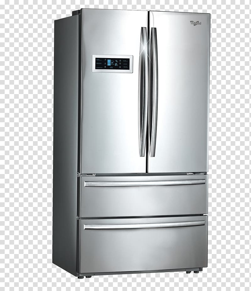 silver Whirlpool French door refrigerator, American Fridge transparent background PNG clipart