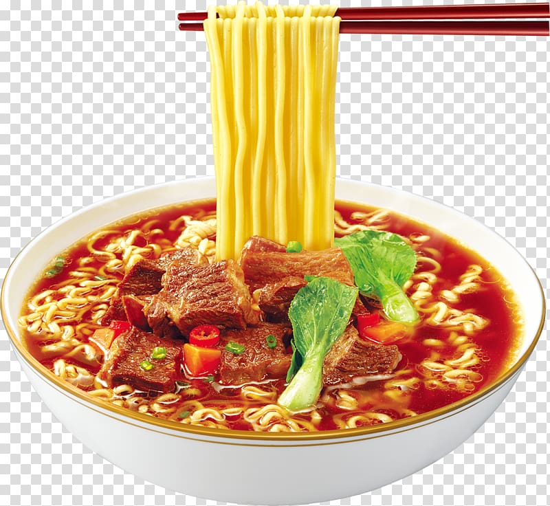 cooked noodles, Instant noodle Beef noodle soup Lo mein Food, Oil spicy beef powder transparent background PNG clipart
