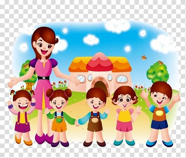 smiling woman and children , Student Teacher Estudante Cartoon, Kindergarten children transparent background PNG clipart