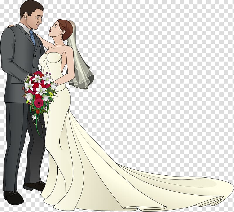 man and woman wearing wedding dress in front of each other , Wedding couple , bride transparent background PNG clipart