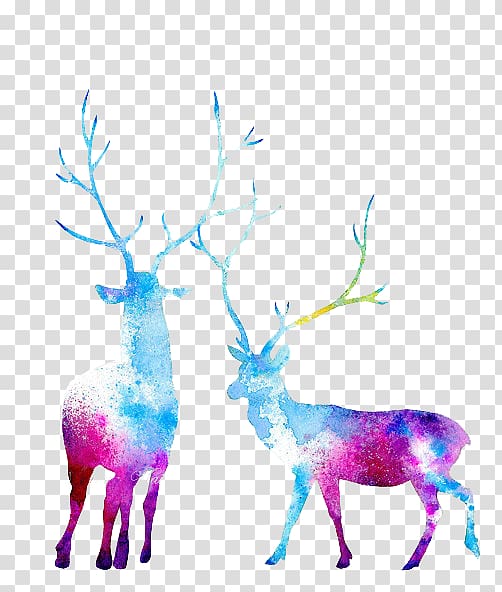two blue, pink, and purple deer , Reindeer Moose Watercolor painting, deer transparent background PNG clipart
