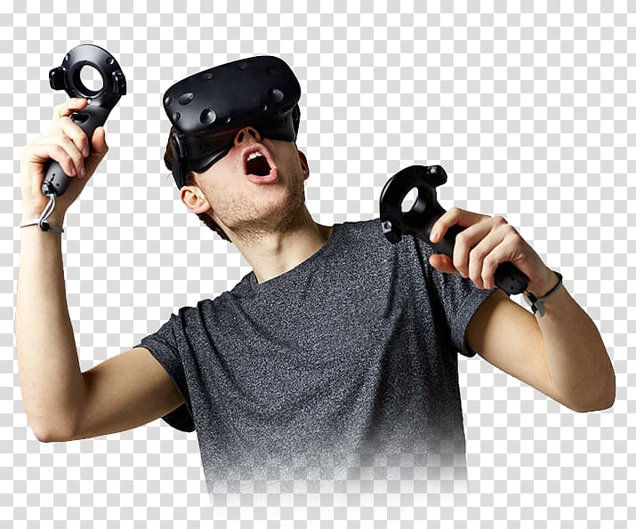 man wearing gray T-shirt while using VR headset, Virtual reality headset HTC Vive Oculus Rift PlayStation VR, Reality transparent background PNG clipart