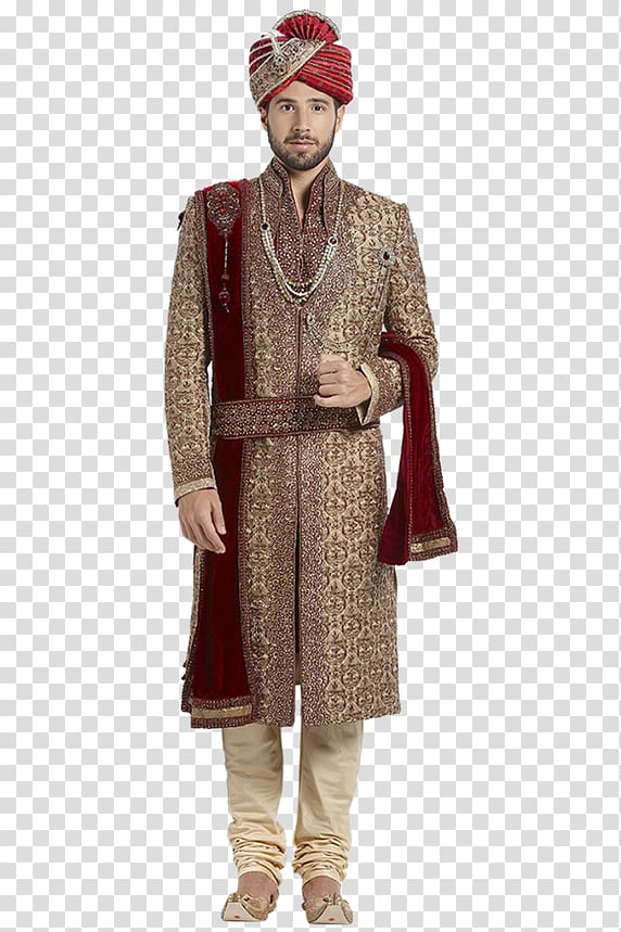 man wearing gold and red sherwani dress, India Costume Clothing Sherwani Wedding dress, groom transparent background PNG clipart