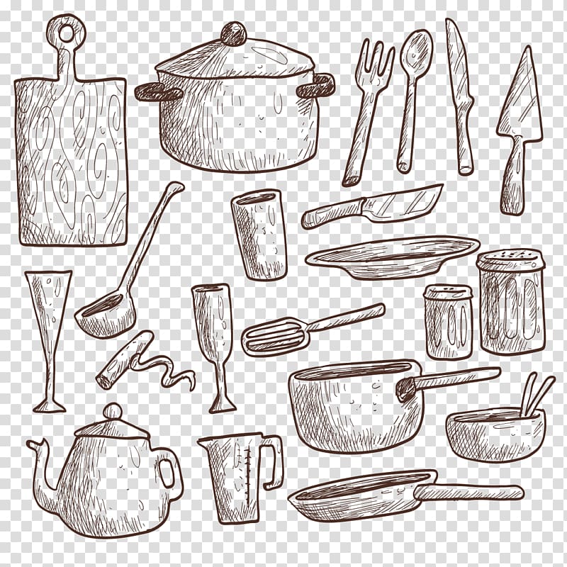 kitchen ware set, Table Kitchen utensil Drawing Kitchenware, Kitchen transparent background PNG clipart