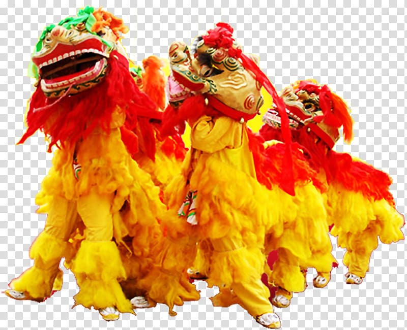 Lion dance Chinese New Year Festival, Yellow lion dance team transparent background PNG clipart