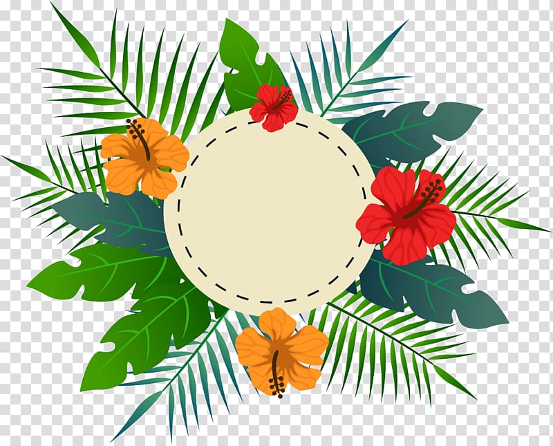 Tropical flower leaves the title box, orange and red flowers illustration transparent background PNG clipart