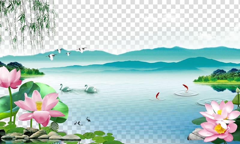 swan on water painting, painting Shan shui Wall , FIG lotus goldfish transparent background PNG clipart