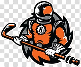 man in orange suit holding hockey stick team logo, Fort Wayne Komets Player Logo transparent background PNG clipart