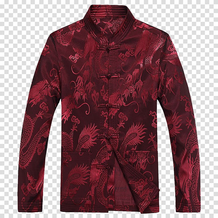 Suit Shirt Tangzhuang Clothing Jacket, Men\'s costume shirt burgundy Dragon transparent background PNG clipart