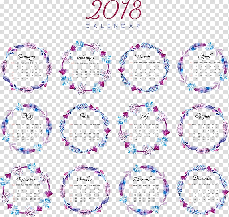 2018 Calendar, Calendar Icon, Elegant purple watercolor 2018 desk calendar templates transparent background PNG clipart